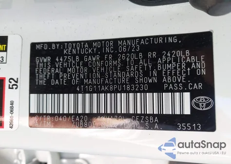 2023 Toyota Camry Se Night Shade/Se z USA, uszkodzony, nr VIN 4T1G11AK8PU183230